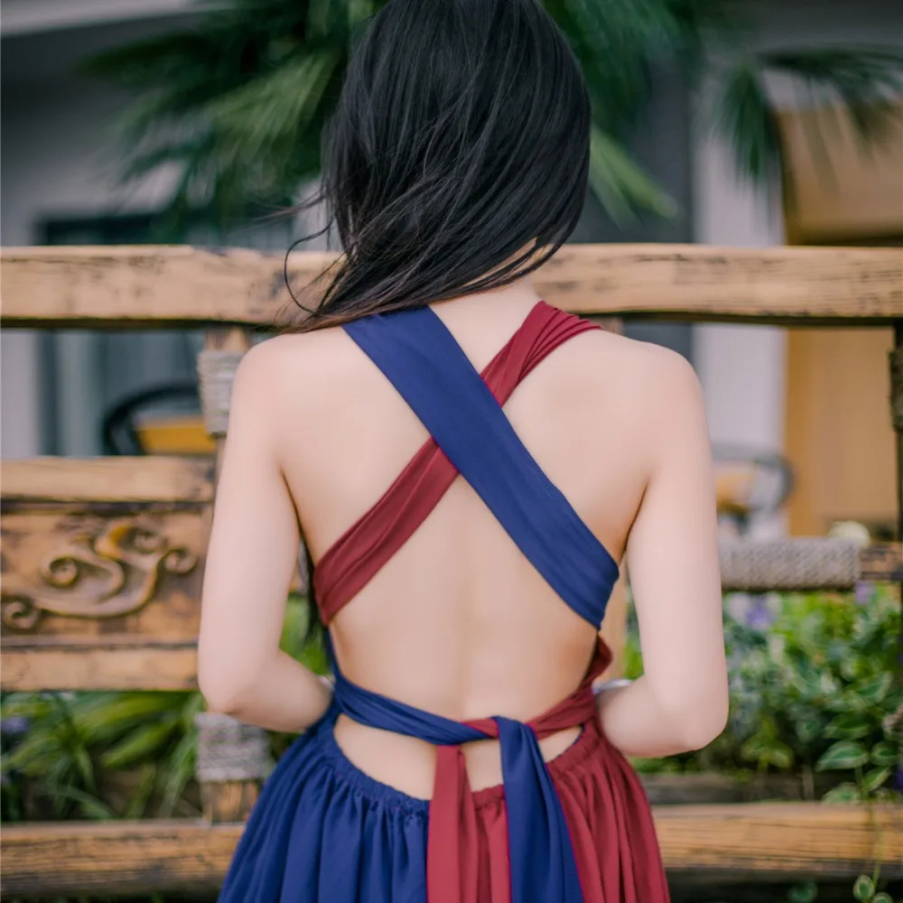 2017 новое лето лоскутная контрастные цвета спинки сексуальная холтер длинные dress