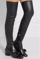 2017 fashion women over knee high boots low heels black leggings leather boots women dress shoes bowtie botas mujer thigh high