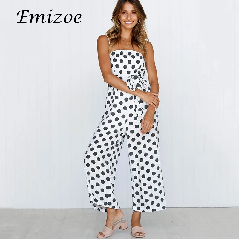 Emizoe 2018 summer elegant polda dot jumpsuit rompers women bodycon strap long streetwear female overalls jumpsuits | Женская одежда