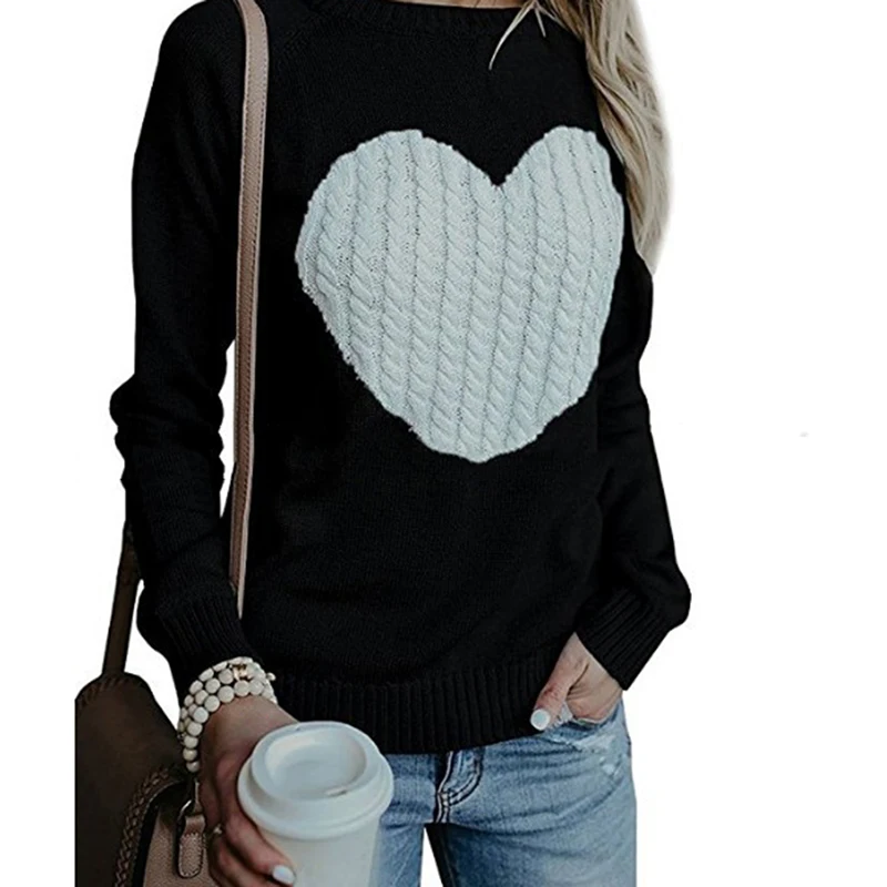 Autumn Winter Women O-neck Knitted Sweaters Heart Cute Long Sleeve Pullover Knitting Sweater Casual Patchwork Pullovers | Женская одежда