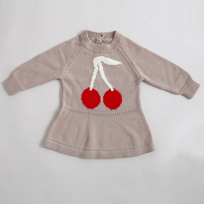 2019 Spring Autumn Casual Cherry Printing Sweater Baby Girls Dress Kids Princess Pure Cotton Long Sleeve Children Clothes | Детская