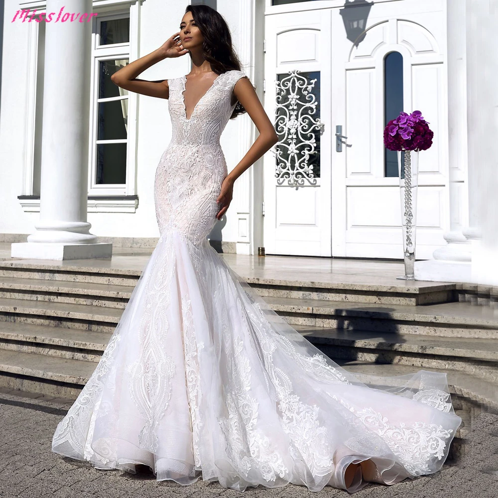 Vestido de noiva сексуальное Иллюзия v образным вырезом кружевное с открытой спиной