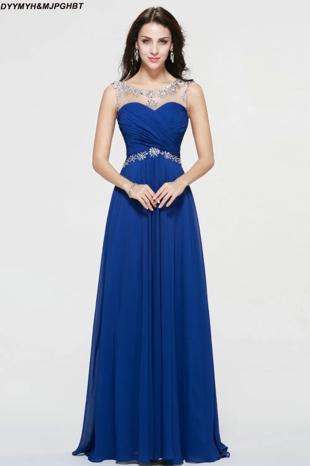 

Sexy Royal Blue Evening Dress Keyhole Back Illusion Crystal Neck Long Chiffon Plus Size Arabic Evening Gowns