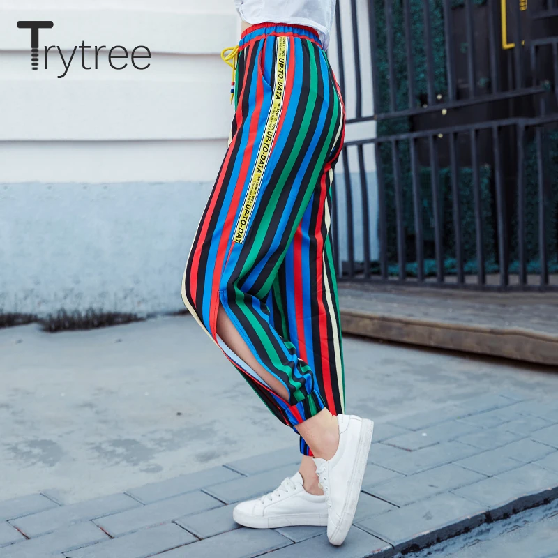 Trytree лето осень Для женщин Повседневное полосатый панелями свободные штаны