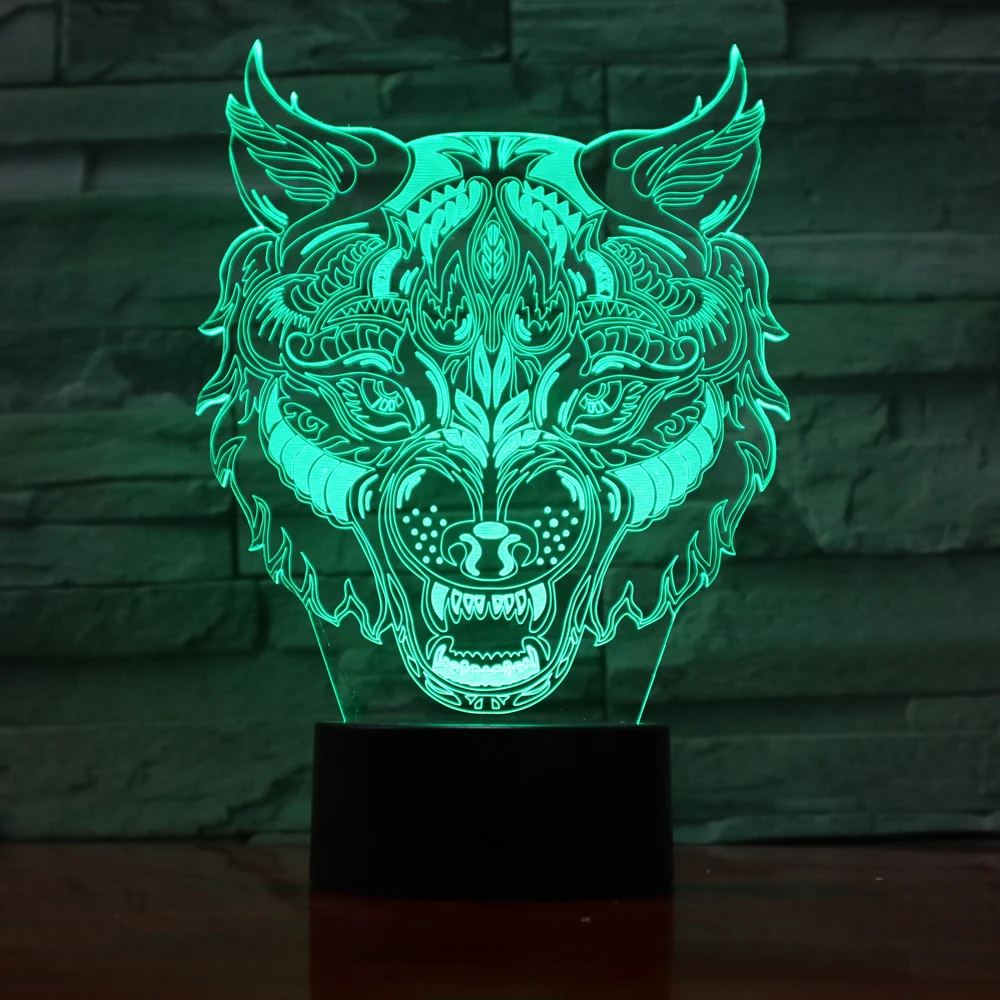 Креативный 3D светодиодный ночник фигурка головы волка 7 цветов настольная лампа
