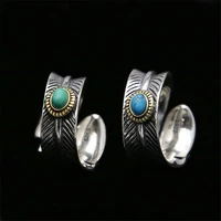 open adjustable feather natural green stone ring for boy or girl silver retro style turquois 925 jewerly 176