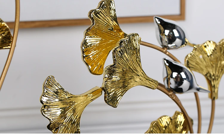 Luxury Gold Resin Ginkgo Leaf Metal Plant Figurines Home Furnishing Decoration Crafts Hotel Livingrroom Fengshui Desk Ornaments
