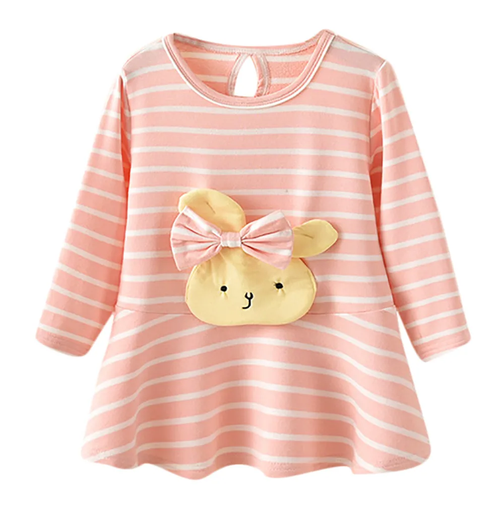 Toddler baby girls dress Long Sleeve Cartoon Striped Rabbit Bow Party Princess Dress clothes dropshipping | Детская одежда и обувь