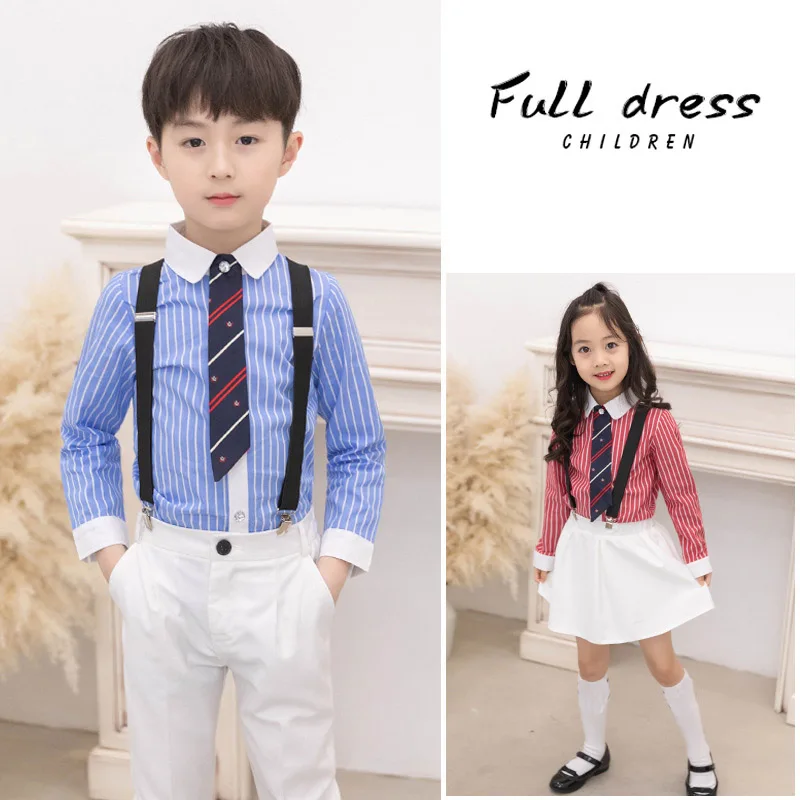 School uniform Suit For Boys Kids Formal White Wedding Dress Gentleman Girls Strap Shirt Pant Tie 4Pcs Pinao Performance Costume | Детская