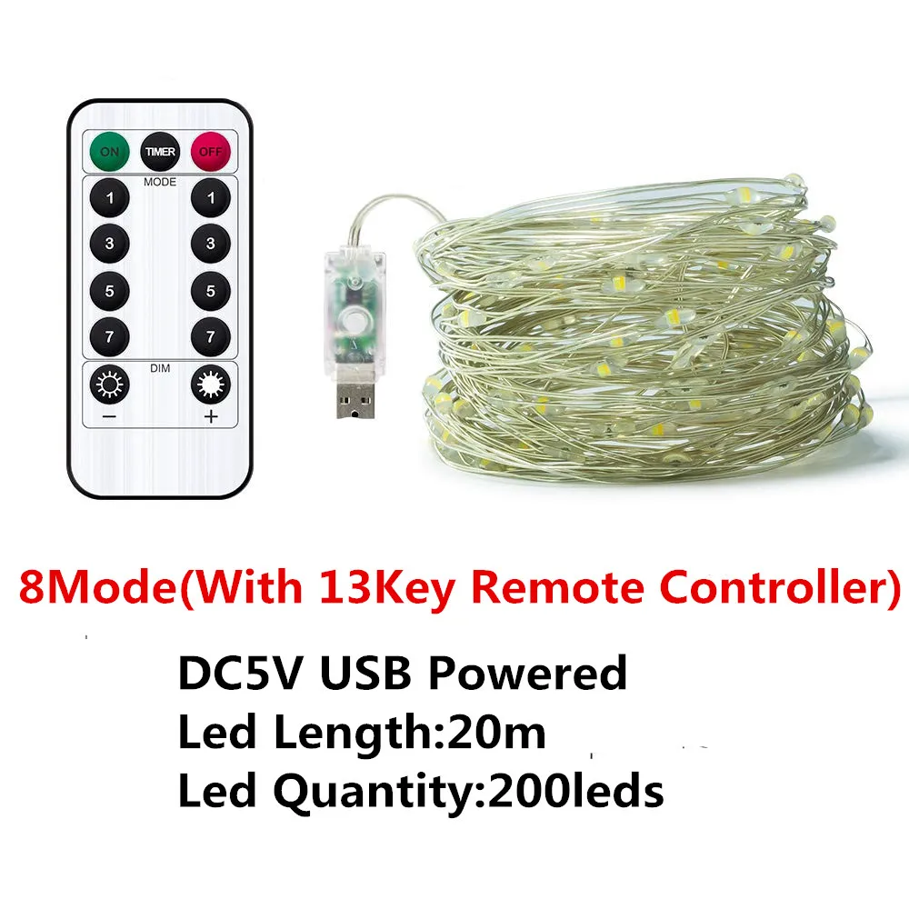 8Mode20m(with 13key) USB 8 Modes 10M 100 LED String Light Christmas Waterproof Copper Wire LED String Fairy Light Battery Powered Remote Control - Испускаемый цвет: 8Mode20m(with 13key)