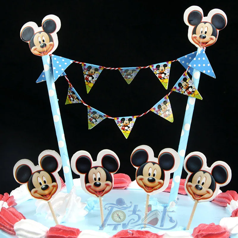 New arrival Cute Blue Mickey Mouse Design Cartoon Paper cake wrapper flag Topper for Birthday Cake Party Decoration Supplies | Дом и сад