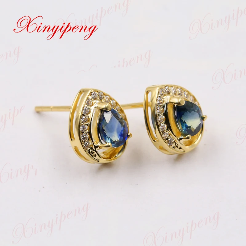 Xinyipeng18K желтое золото инкрустированные природные сапфировые шпильки Женская форма выглядит как капельки