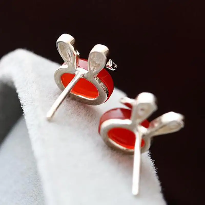 GQTORCH 925 Sterling Silver Earrings For Women Inlaid Natural Red Agate Onyx Yellow Chalcedony Cute Cartoon Lovely Rabbit Girls | Украшения
