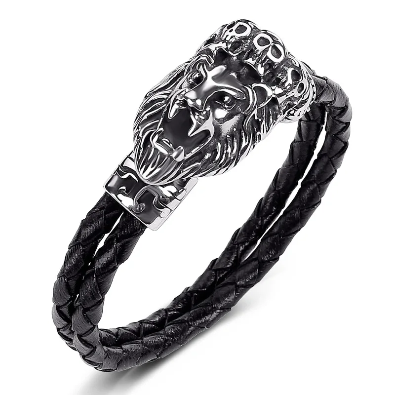 Новые мужские браслеты Leo Lion из нержавеющей стали черный кожаный браслет с