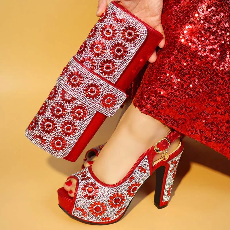 African Wedding Italian Shoe and Bag Sets Red Color Shoes Bags To Match with Set Decorated Rhinestone | Обувь