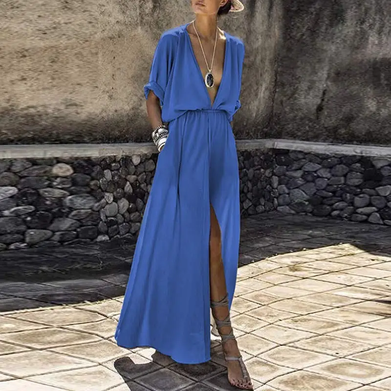 Sexy Deep V-Neck Women Dress Solid Half Sleeve Split Elegant Ladies Loose Party Vestidos Black Grey S-3XL | Женская одежда