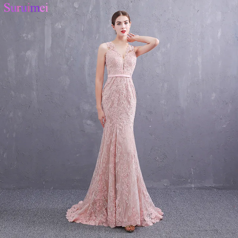 

Real Photos Dusty Pink V Neck Evening Dreses Lace Applique with Pearls Beaded See Through Back Long Evening Gown
