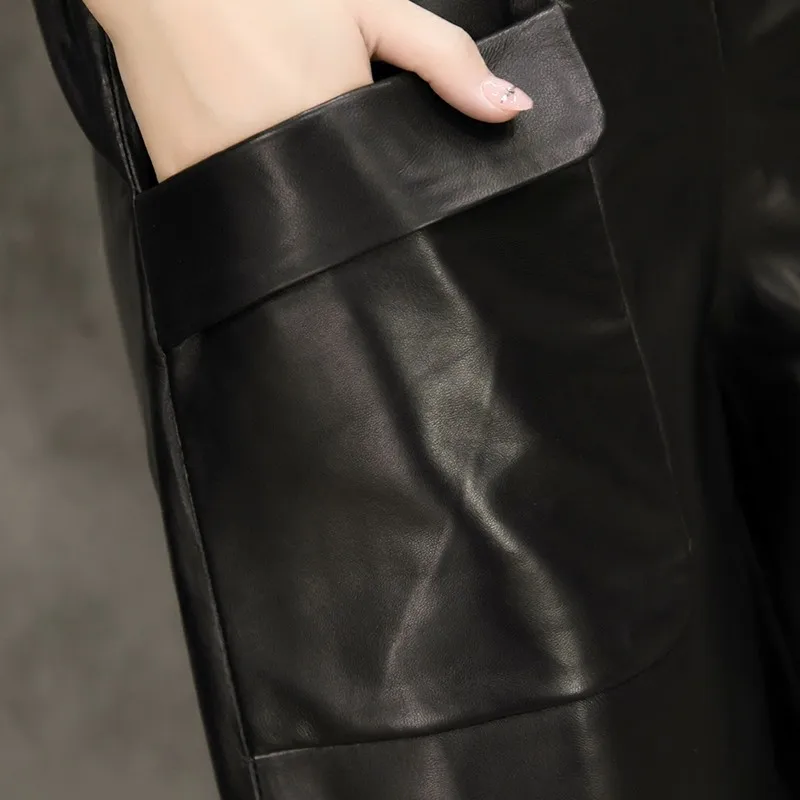 Women Sheepskin Short Pants 2022 Spring New Korean Loose Fit High Waist Knee Length Real Leather Trousers Ladies Casual | Женская одежда