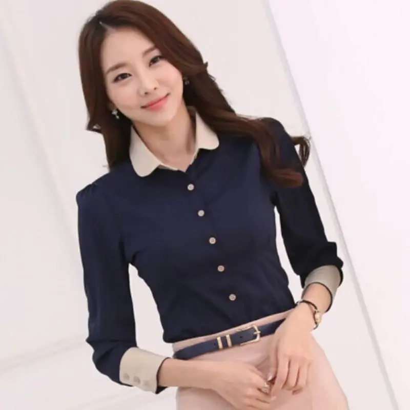 

2019 Korean Casual Blouse Long Sleeve Elegant Women Tops Slim Women Blue Shirt