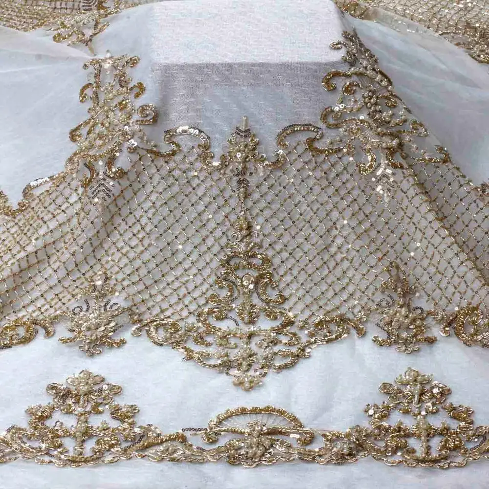 Gold beading La Belleza Серебряная вышитая бисером кружевная ткань невесты ручной работы из бисера 1 ярд - Цвет: Gold beading