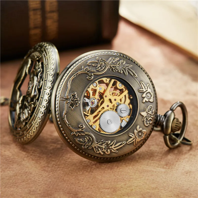 Vintage Flower Phoenix Carving Roman Dial Mehanical Pocket Watch FOB Chain  Hand Wind Mechanical Mens Women Wedding Gift Watch
