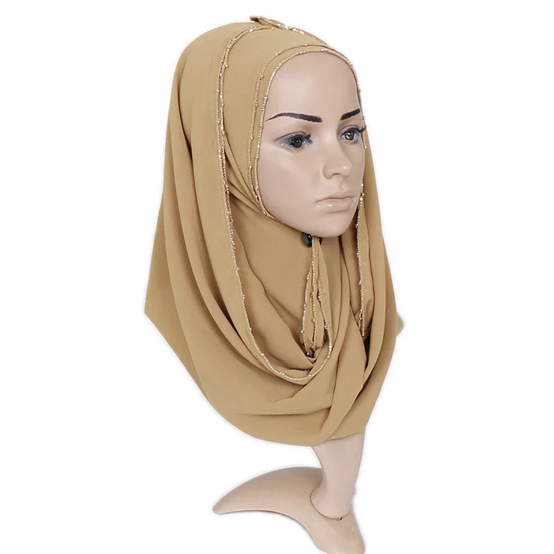 Plain Luxury Gold Chain Bubble Chiffon Instant Hijab Shawl Women High Quality Beads Shimmer Wrap Headband Stole Muslim Scarves |