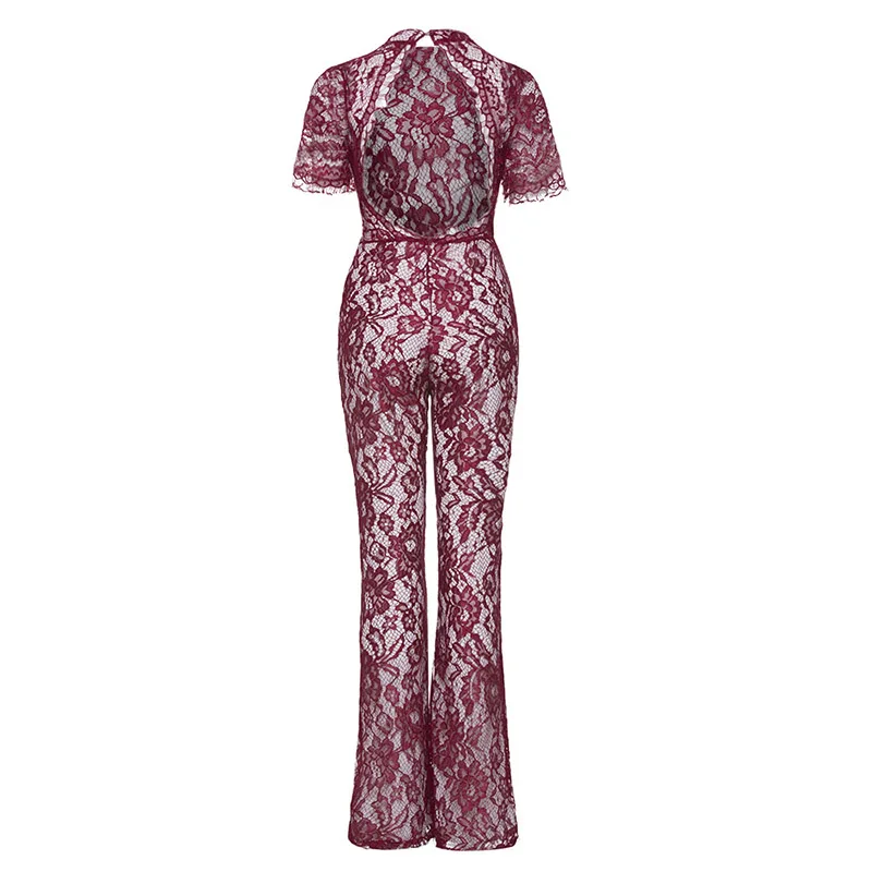 Sishot women casual jumpsuits 2018 spring summer red color block elegant lace fashion wide legs patchwork sexy backless jumpsuit | Женская