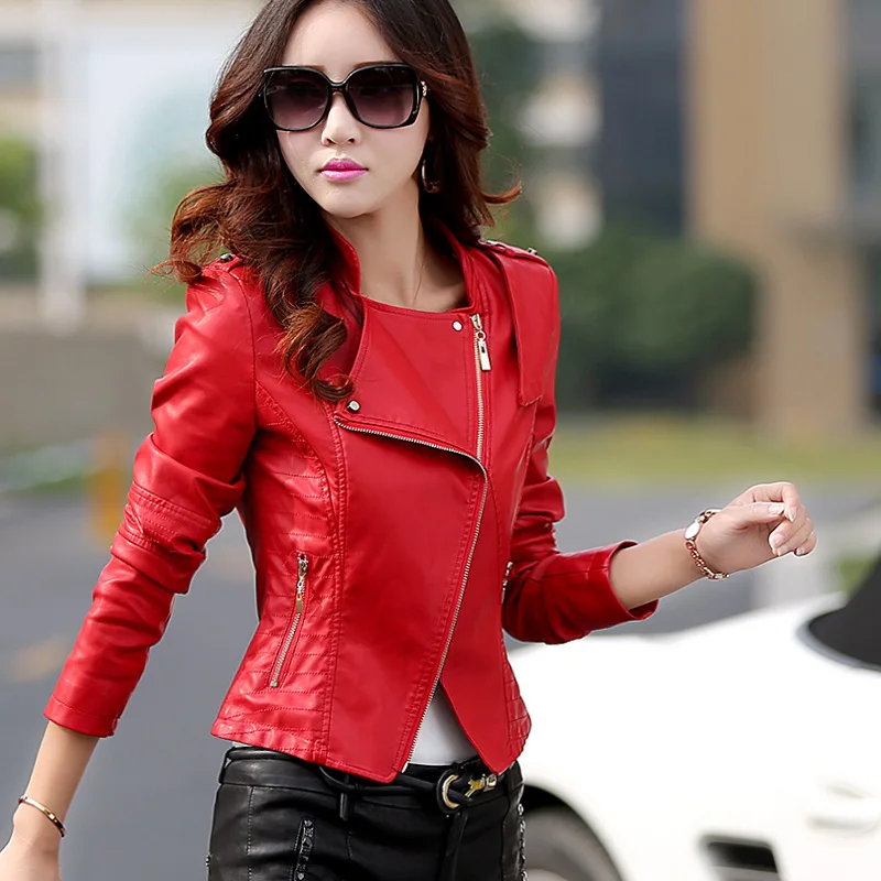 

2019 autumn and winter women's PU short slim washed leather jacket women plus size stand collar faux sheep skin leather jackets