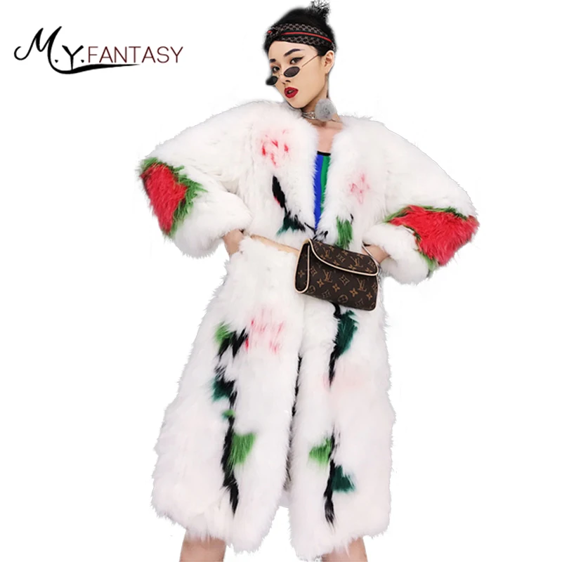 Женское пальто с v образным вырезом M. Y. FANSTY длинное из натурального меха лисы