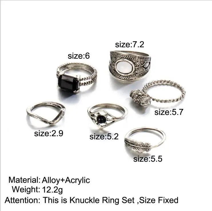 Винтаж большой камень Midi Ring Set для Для женщин Boho старинное серебро Цвет сердце