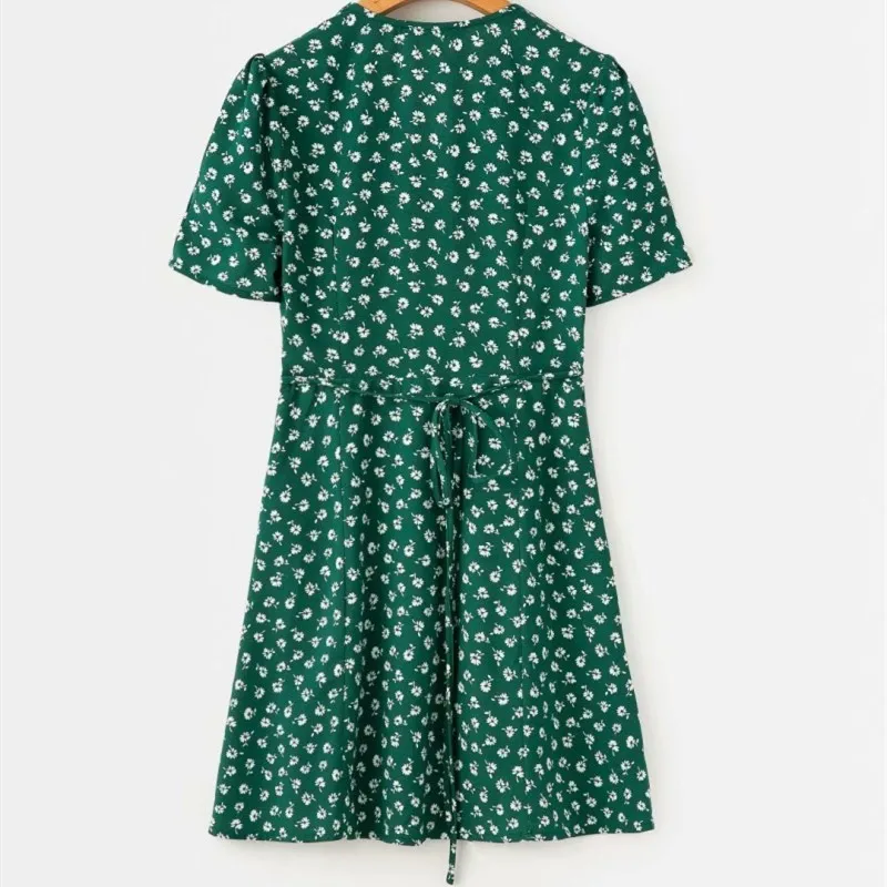New Fashion Women V-Neck Floral Print Slim Dresses Vintage Summer Short Sleeve Lace-Up Mini Dress | Женская одежда