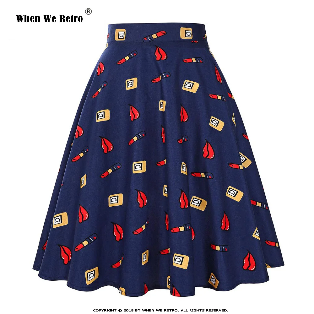 

When We Retro 2021 Cotton Lips Lipstick Print VD0020 Vintage Swing Summer Women Skirt Navy Blue Skater Skirt faldas mujer