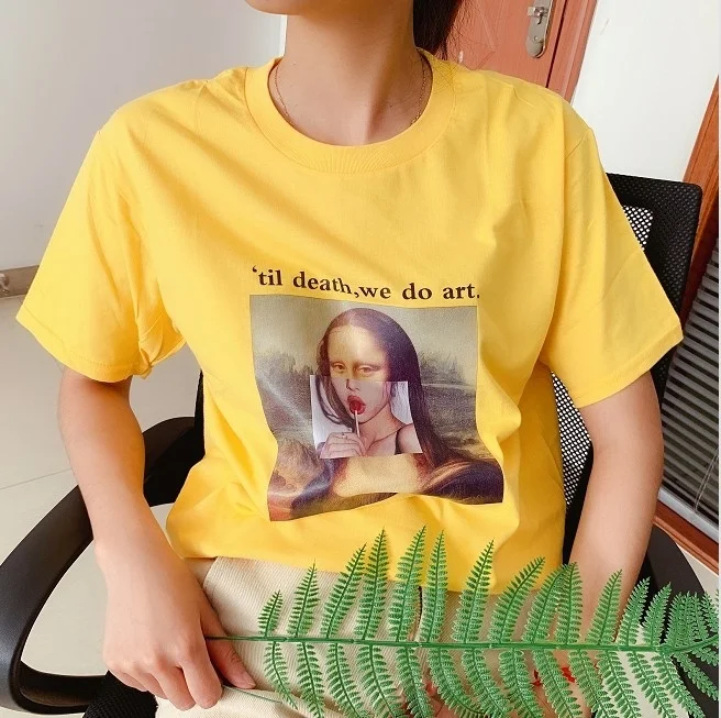 

Fashionshow-JF Monalisa Van Gogh Til Death We Do Art T-shirt Cool Casual Tumblr Grunge Tee Graphic Street Style Wear