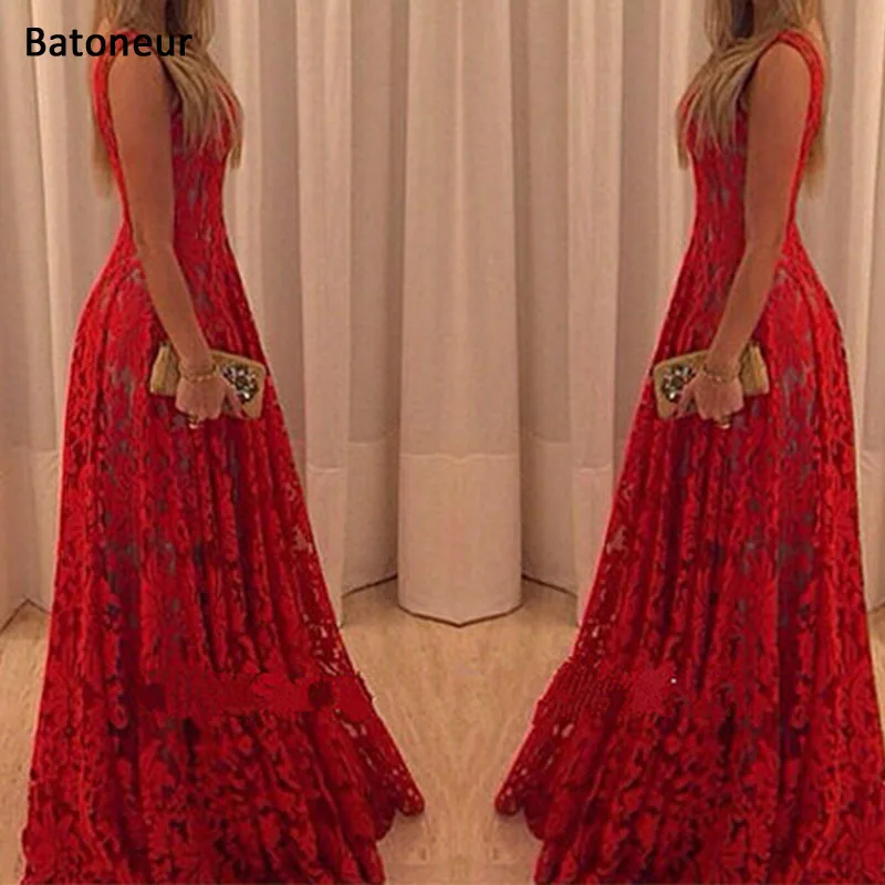 Без рукавов Яркие кружевные цветы красное платье 2017 женское кружевное длинное
