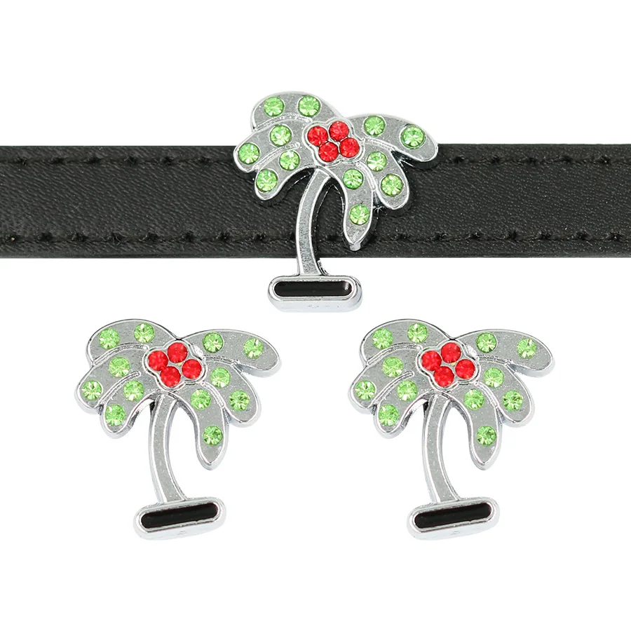 

(20, 50)PCS/lot 10MM Rhinestones Coconut Tree Slide Charms Fit For 10mm DIY Leather Wristband Bracelet Keychains