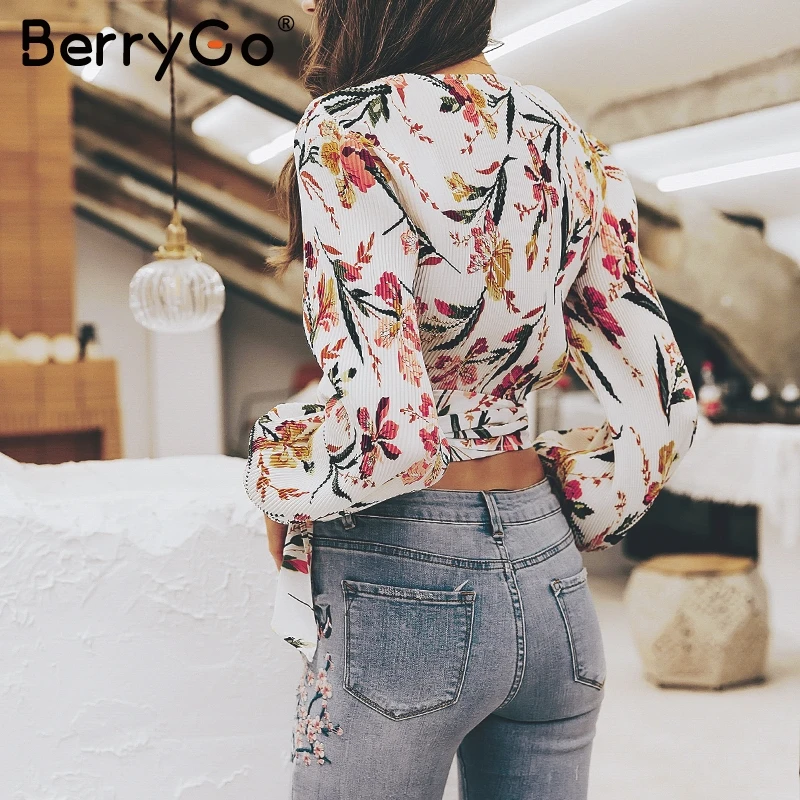 BerryGo женская блузка шифоновая топы Принт Длинный фонарь рукав шнуровка блуза