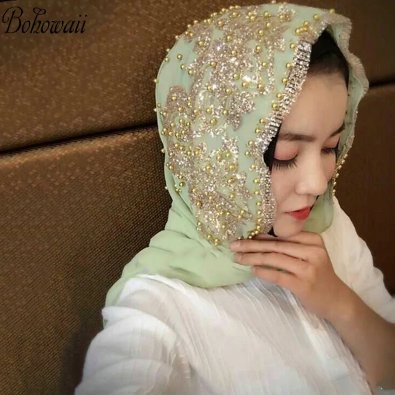 

BOHOWAII Women Muslim Hijab Scarf Gold Glitter Plain Color Turbante Mujer Head Wrap Shawl Chiffon Luxury Turbante
