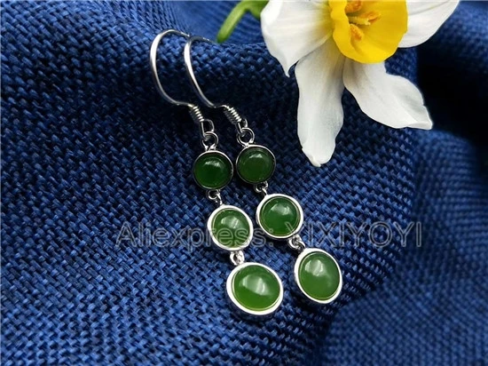Beautiful 925 Sterling Silver Green HeTian Jade Round Inlay Dangle Style Lucky Hook Earring Girl's Charm Gift Fine Jewelry | Украшения