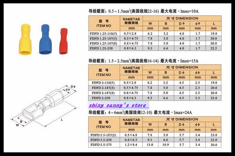 

FDFD2-110(5) FDFD2-187(5) FDFD2-250 Blue 16-14 AWG 1.5-2.5mm2 Female Insulated Electrical Crimp Terminal Cable Wire Connector