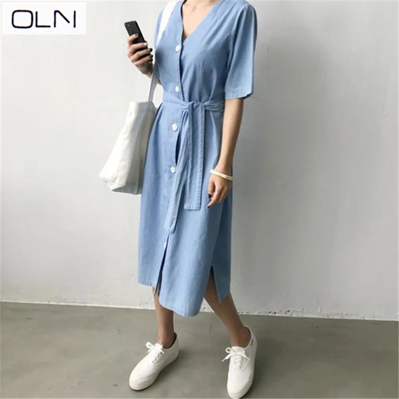 Vestidos корейское платье OLN Новое шикарное легкое голубое женское с v-образным