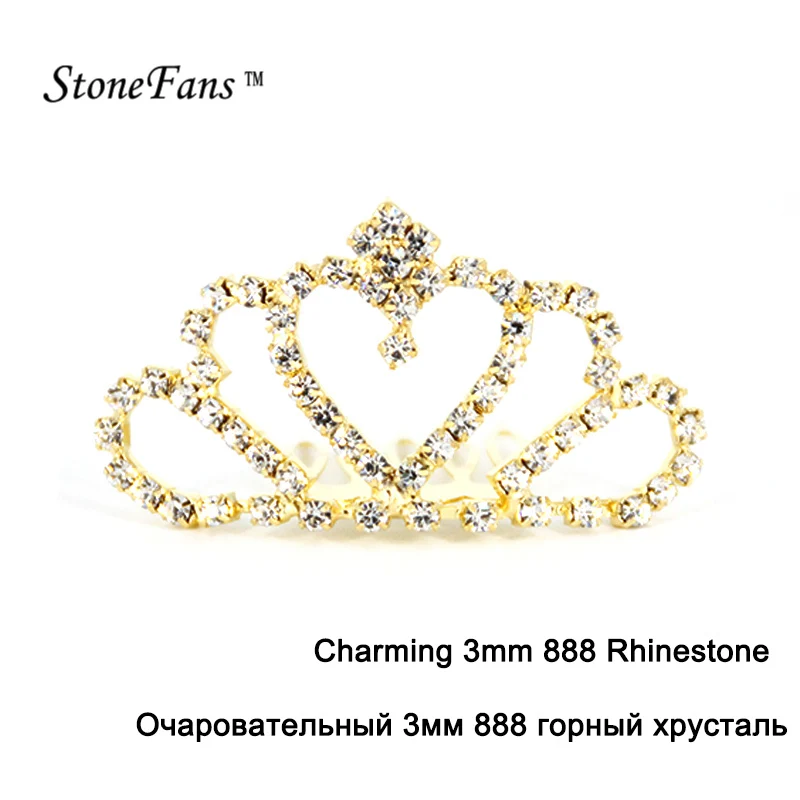 Stonefans сердце принцессы волос корона для Для женщин конкурс Золотая Украшенные стразами Малый Свадебный гребень для волос ювелирные изделия милый тиара