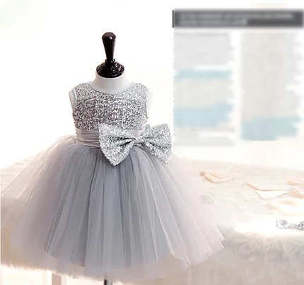 Детское платье без рукавов с большим бантом и серебристыми блестками|dress pencil|dress