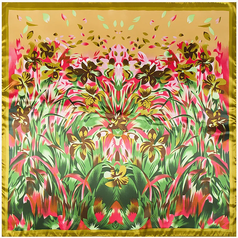 Роскошный шелковый шарф для женщин 90x90 см, большой квадратный мусульманский тюрбан, новый осенне-зимний теплый пашмия с классическим лавандовым масляным рисунком.