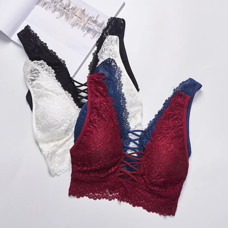 

Sexy Lace Bralette Camisoles Tank Top Women Deep V Back Cross Wirefree Underwear Lingerie Brassiere Soutien Gorge Femme Bh