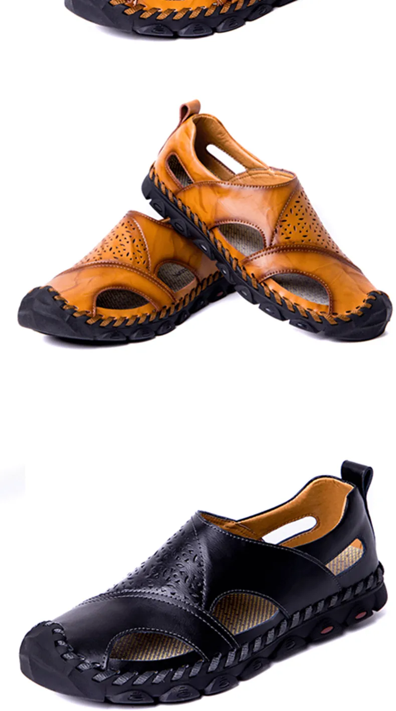 New Summer Sandals Mens Breathable High Quality Genuine Leather Sandals Man Flats Plus Size Fashion Casual Beach Men's shoes