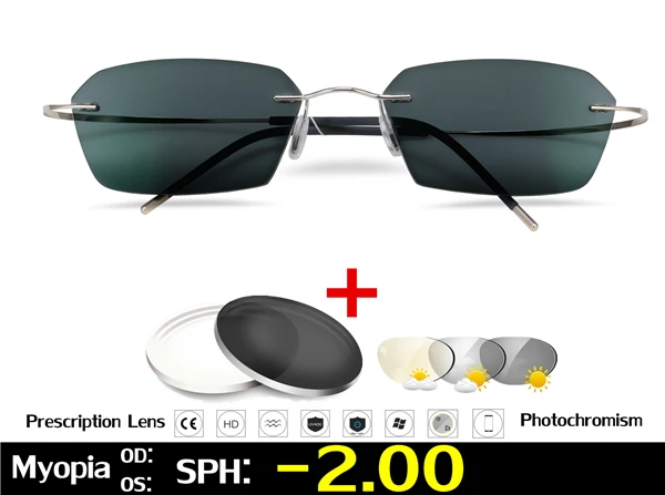 Silver Myopia -2.00 Без оправы Титан очки, оправа, фотохромные очки для близорукости Для мужчин Для женщин Хамелеон очки с диоптриями-1,0 1,5 2,0 2,5 3,0 - Цвет оправы: Silver Myopia -2.00