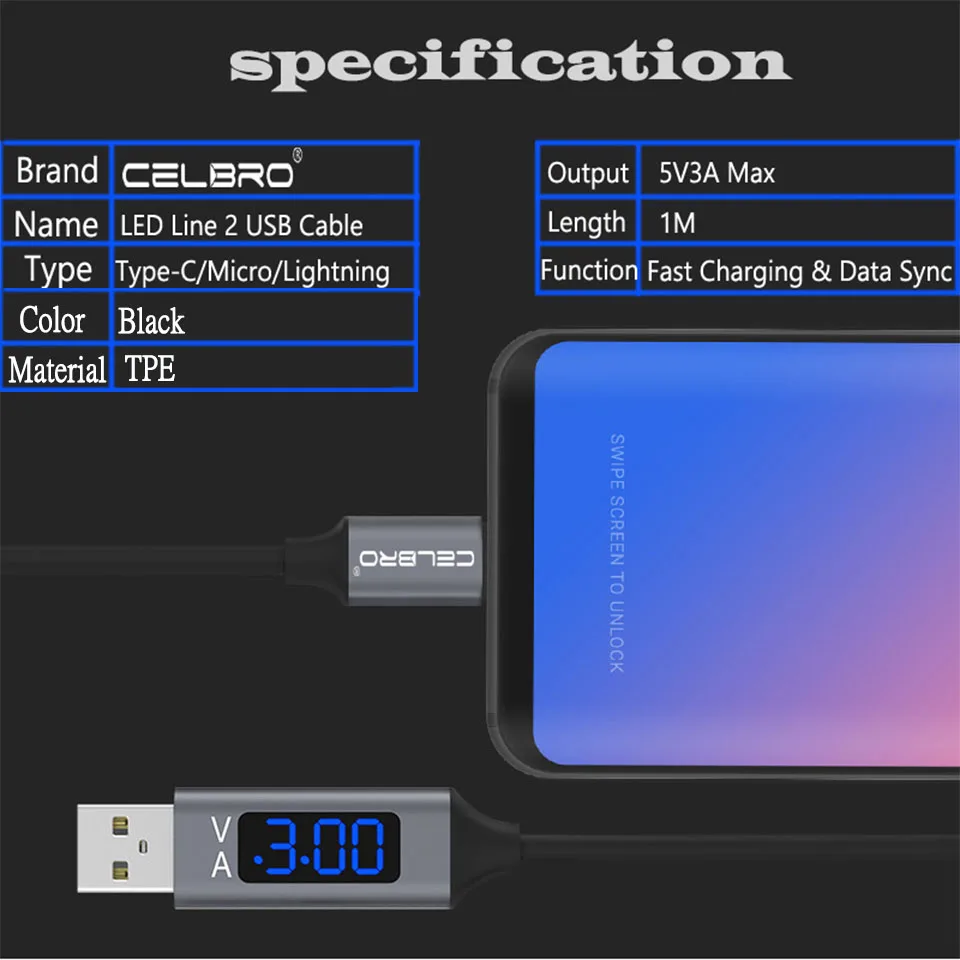 Быстрая зарядка светодиодный кабель с цифровым дисплеем Usb type C кабель для зарядки Usb-C type-C шнур для samsung huawei Xiaomi Redmi Note 7