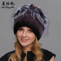 real rex rabbit fur hats winter fur hat for women with silver fox fur flower knitted high quality women fur cap new beanies cap