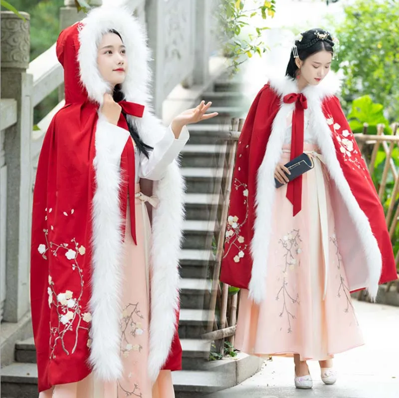 Женский старинный китайский меховой воротник Hanfu красная бархатная накидка