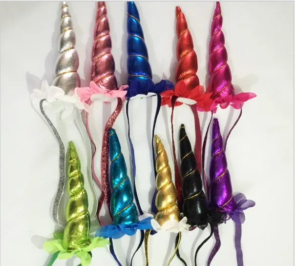 

Fashion 15cm Unicorn Horn with Chiffon Flower Headband Glitter Hairband Easter Bonus For Girls DIY Hair Decorative Accessoriess